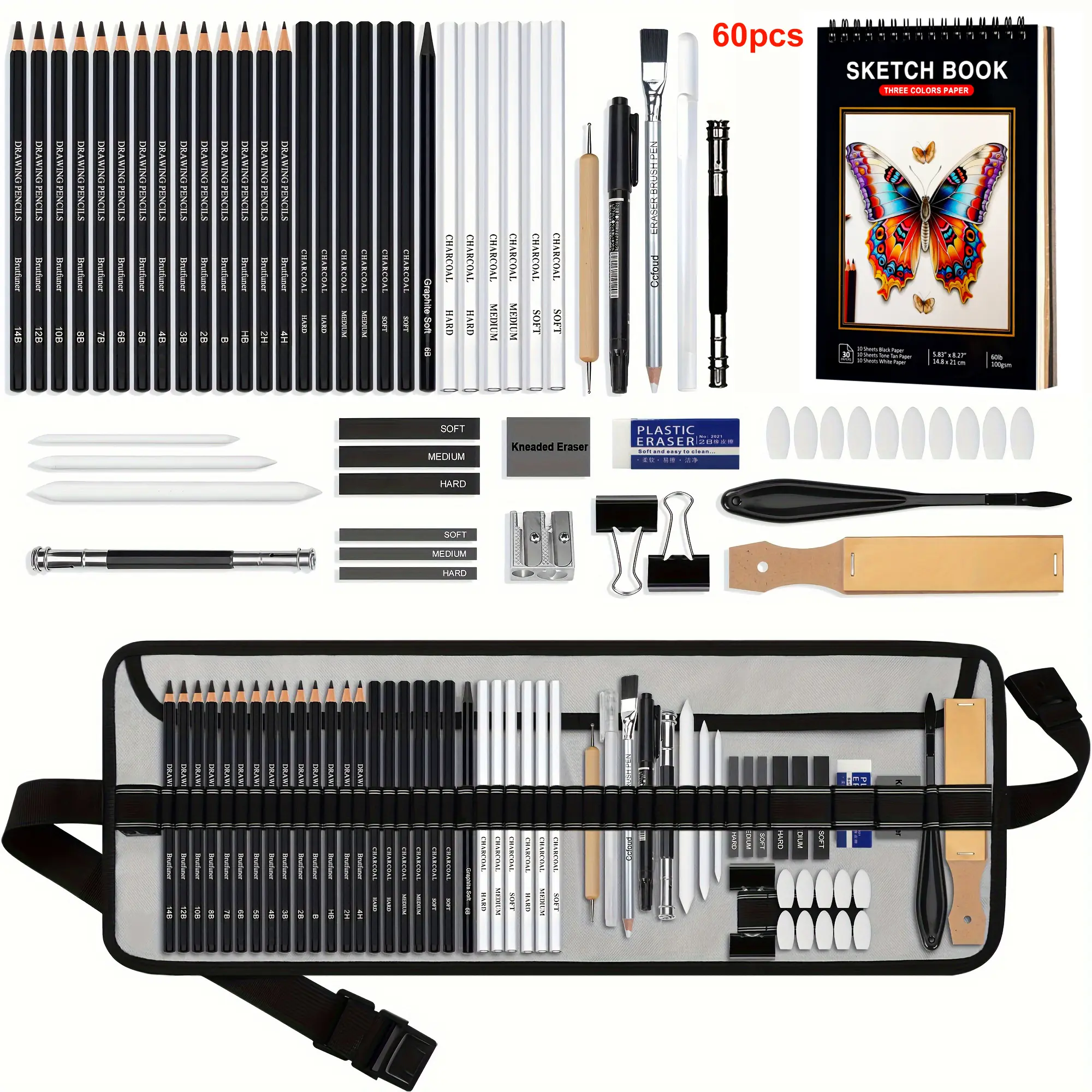 60 pcs Drawing Kit Sketching Pencil Set,Sketch Pencils Art Supplies with 3-Color Sketchbook,Graphite,Charcoal,Drawing Pencils for Adults Artists, Art Materials, Art Sets, Art Kits