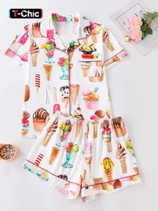 Women's Ice Cream Print Short Sleeve Shirt & Shorts Pyjama Two-piece Set, Comfy Soft Homewear, Ladies Sleepwear, Pajamas Sleepwear, Loungewear
