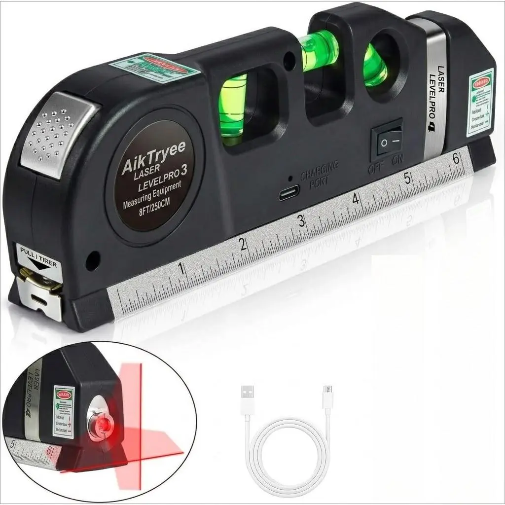 【FathersDayGift】Laser Level Tool 4 in 1 Rechargeable,  Multipurpose Cross Line Laser Leveler with 8ft Metric Ruler, Type-C Fast Charge, High Precision Beam Tool for Picture Hanging, Tile & Cabinets