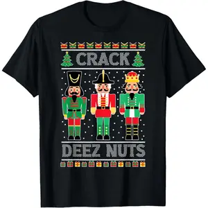 Deez Nuts Nutcracker Shirt Funny Ugly Christmas Sweater Xmas T-Shirt, 100% Cotton, Single Side Printed, Black Short Sleeve T-shirt, 1 pc, Christmas Halloween Thanksgiving Gift