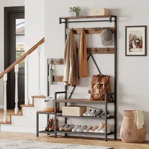 Hall Tree with Bench Industrial Coat Rack and Shoe Storage Entryway Organizer with Bench Seating Storage Cubbies Hooks and Top Shelf for Hallway Living Room Brown