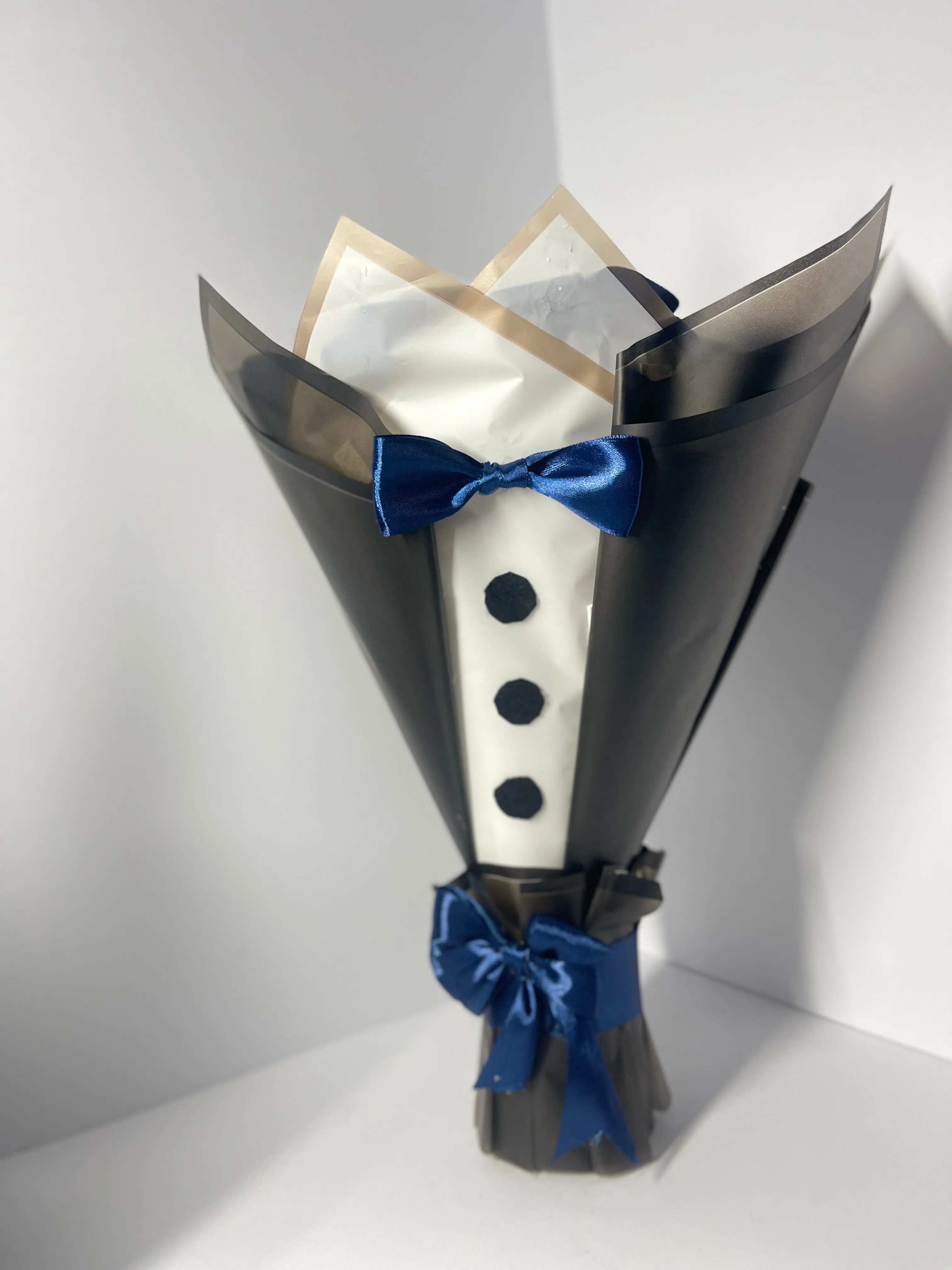 Handcrafted Satin Ribbon Rose Bouquet - Elegant Tuxedo Design with Blue Bow Tie