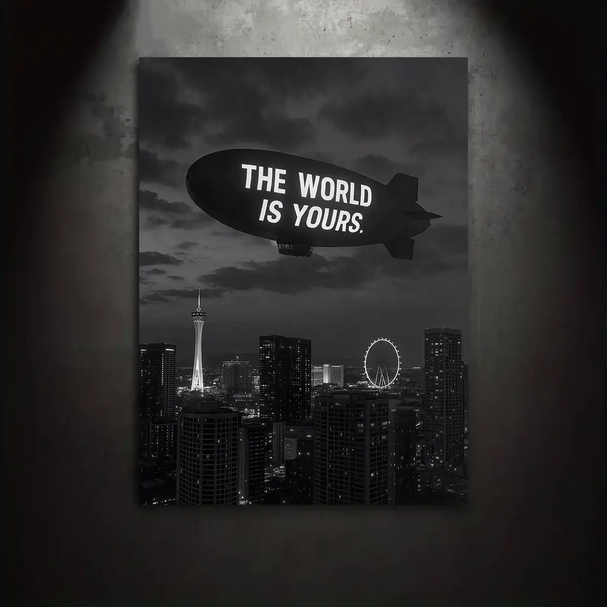 "The World Is Yours" flying boat city landscape poster, 2D flat-printed canvas wall art, modern home decor wall hanging, inspiring wall art print gift, suitable for bedroom wall decoration in living rooms, bedrooms, offices, and apartments.