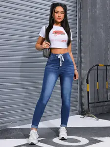 High Waisted Elastic Waist Jean Joggers for Women Stretch Loose Denim Pants with Drawstring Womenswear Bottom