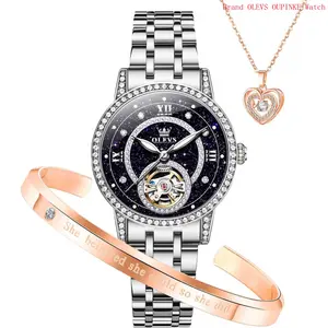 Brand OLEVS Automatic Womens Watches Mechanical Diamond Skeleton Luxury Dress Stainless Steel Silver/Rose Gold Waterproof Luminous Ladies Wrist Watches Gift Set