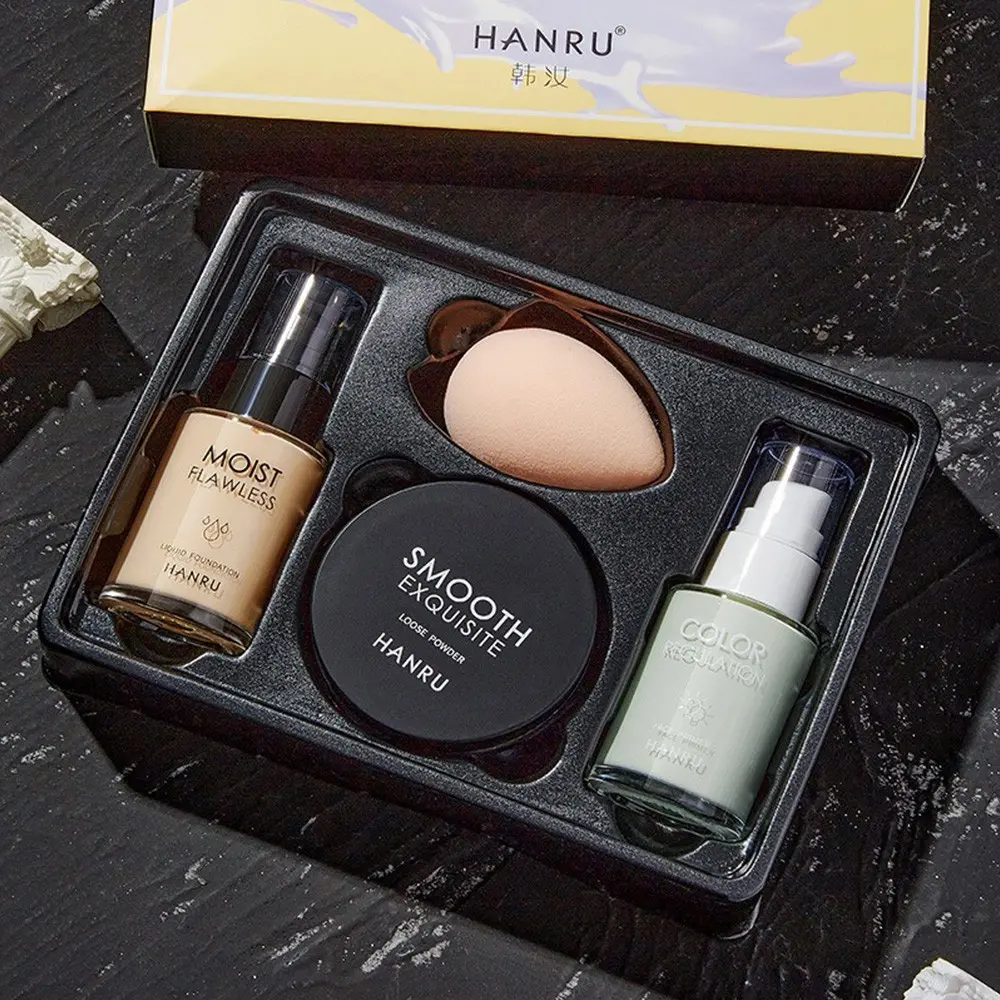 Korean Foundation Base Makeup Set 4-Piece Kit, Complete Beginner Set for Women, Concealer, Primer, Loose Powder, Perfect Gift
