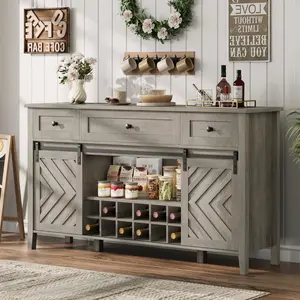 Garvee 59'' Farmhouse Buffet Cabinet with Sliding Barn Door, 33.4'' Tall Rustic Wood Sideboard Featuring 3 Drawers, Adjustable Shelf, and Removable Wine Rack for Dining, Kitchen, Living Room
