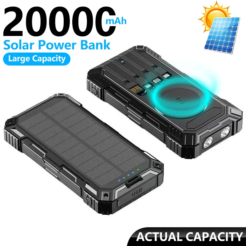 20000mAh Ultra-High-Capacity Solar Portable Charger - Waterproof, Shockproof, Dustproof Outdoor Power Bank with Built-in Cables, Fast Charge, Wireless Charging, LED Flashlight SOS Strobe Light, 6-Device Simultaneous Charging for Camping, Emergency Use