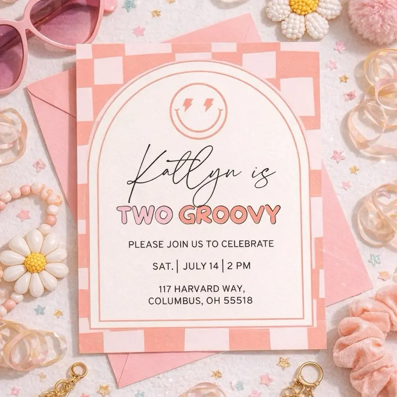 Two Groovy Birthday Invitation Printed | 2nd Birthday Girl Retro Invite | Smiley Face Party | 5x7 Card with Envelopes