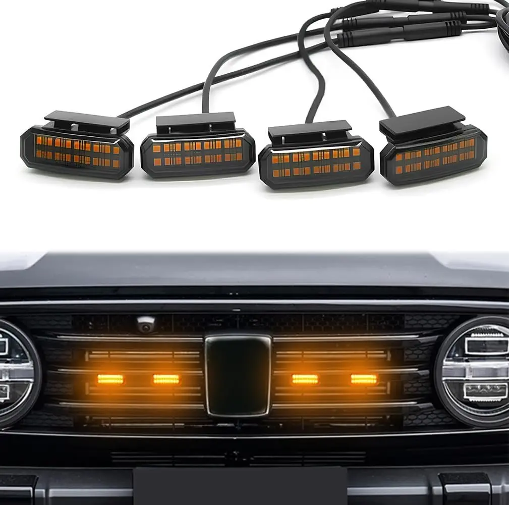 4PCS Universal Clip-On Automotive Car Light - Dual LED Amber Front Grille Auxiliary Fog & Daytime Running Lights with Wiring Harness, Fuse, Upgraded Buckle Design, Vehicle Accessories
