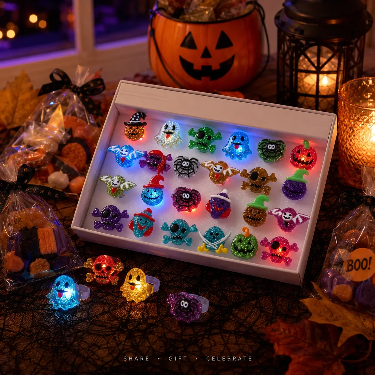 2026 New Halloween LED Light-Up Rings, 24PCS Assorted Flashing Halloween-Themed Rings for Trick or Treat, Party Favors, Goodie Bags and Prizes