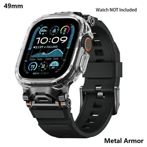 Sport Band with Crystal Case for Apple Watch Ultra 2/Ultra 49mm ,Soft Liquid SiliconeStrap with Stainless Steel Connector, Comfortable & Durable (Black 49MM+Case) Watch Not Included- Metal Armor -Black, Smart Watch Accessories