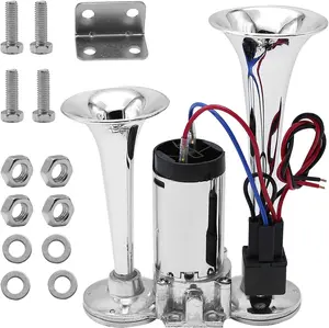 12V Dual Trumpet Train Horn Kit for Trucks - Super Loud Air Horn with Compressor, Universal Fit for Pickup, Car, Boat, SUV (Silver)