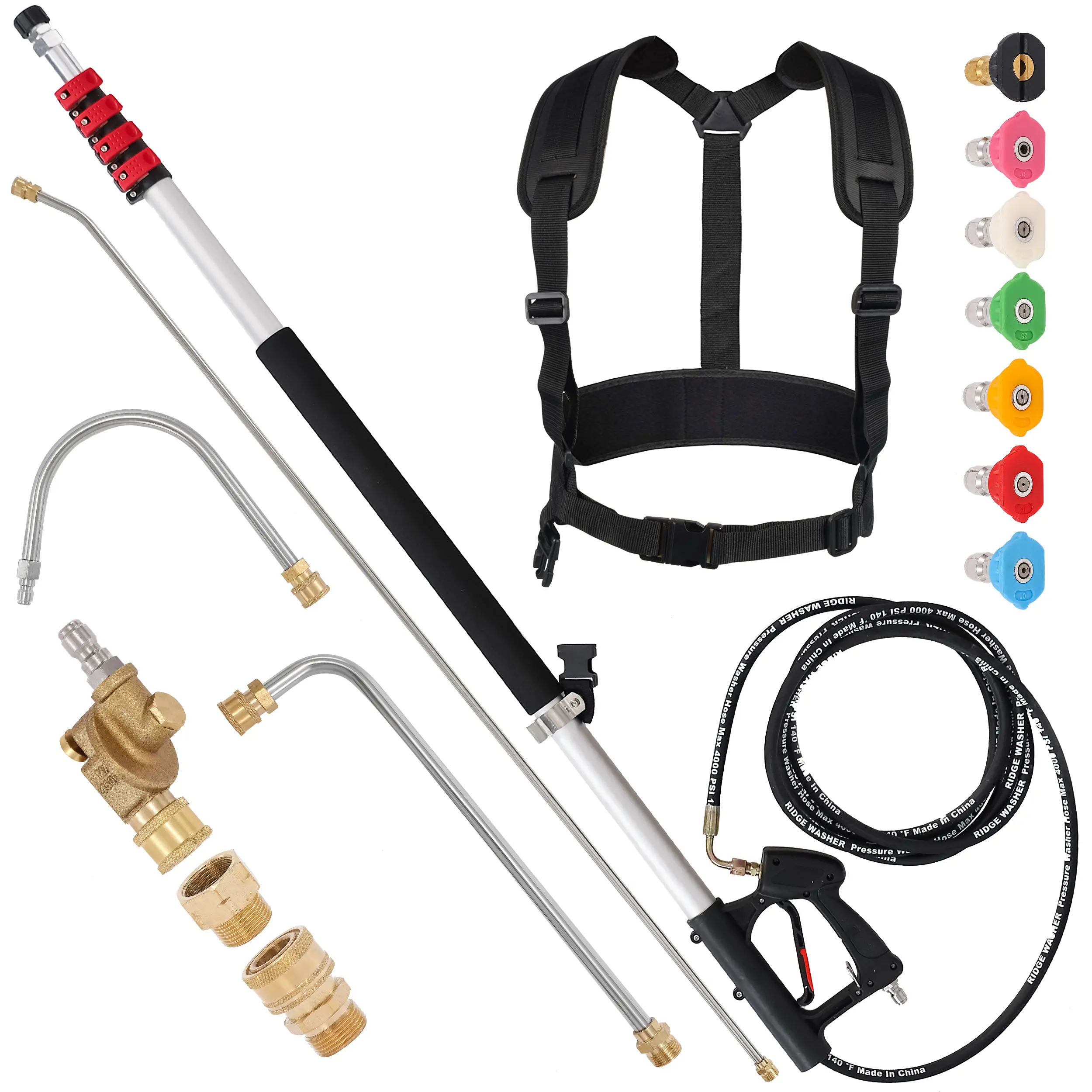 24 ft Aluminum Telescopic Power Washer Lance Full Kit - 3/8" Quick-Connect Pressure Washer Attachment, Gutter Cleaner with 3 Curve Wands, 7 Spray Nozzle Tips, Adjustable Belt, 2 Adapters, 4000 PSI Max for Car Care【DealsForYouDays】,car accessories