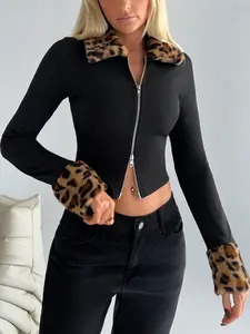 Women's Leopard Patchwork Fleece Collar Long Sleeve Jacket, Zipper Front Slim Fit Outerwear, Casual Fashion Street Style