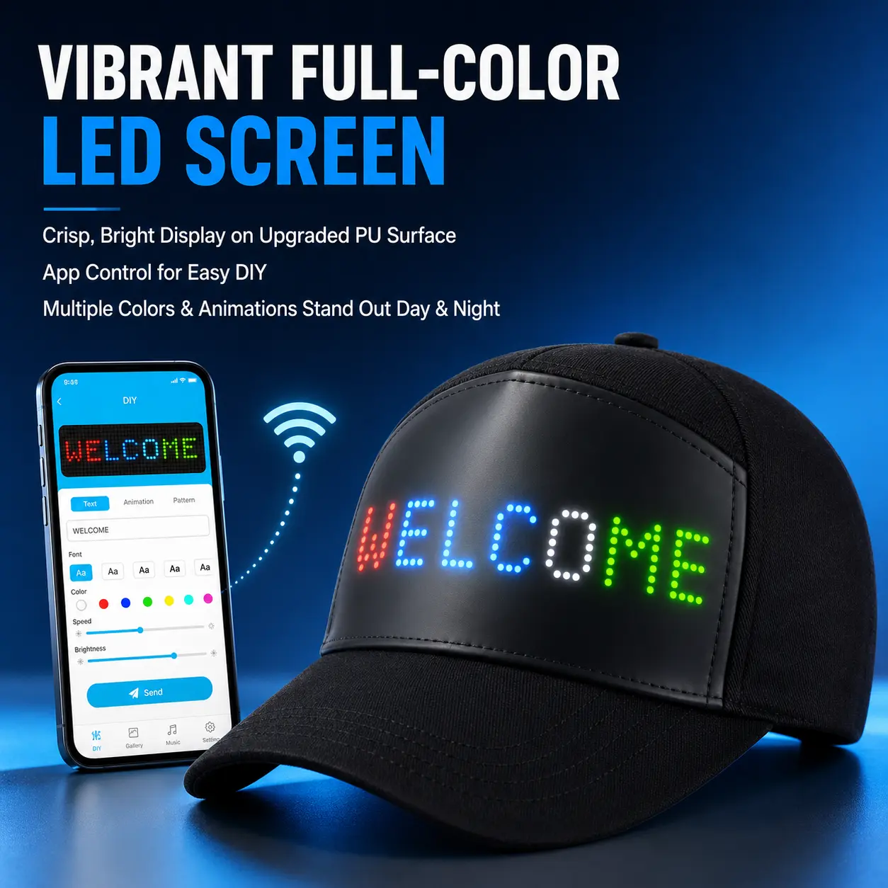 Programmable LED cap | App control scrolling subtitles | USB rechargeable adjustable baseball cap | Unisex, comfortable and breathable | Suitable for parties, music festivals, night runs, Halloween, Christmas, election events | Trendy creative gift for yo
