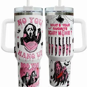 No You Hang Up Tumbler, Horror Movie 40oz Tumbler, Halloween Insulated Cup, Cute Pink Ghostface 40oz Tumbler, Halloween Gift