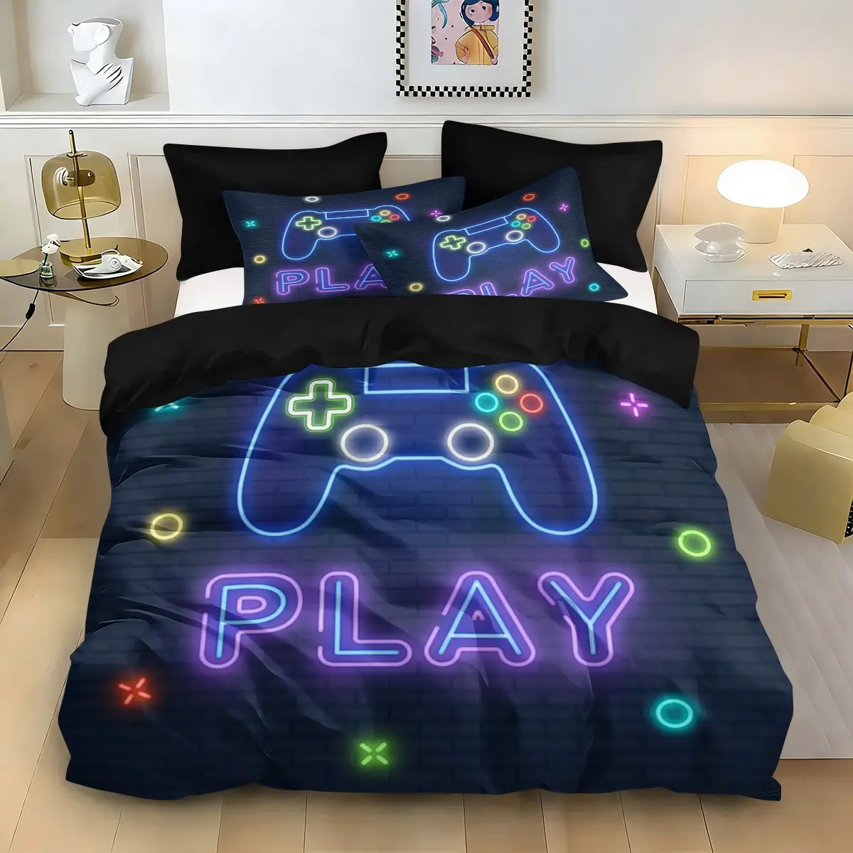 3-Piece Gaming Controller Print Bedding Set, Soft Comfortable Bed Linen, Comfy Bedding Set, Ideal for Bedroom, Dorm, Guest Room Decor, Theme Bedding Set