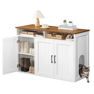 MAHANCRIS Cat Litter Box Enclosure for Self Cleaning Litter Boxes, Large Hidden Litter Box Furniture with Shelves, Wooden Cat Washroom Storage Cabinet, Automatic Litter Box Enclosure, White #SummerVibes #petlovers