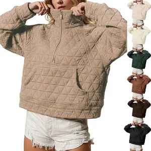 JovenPara Women's Quilted Puffer Longsleeves Top - Half-Zip Pullover Sweatshirt, Polyester, Lightweight Oversize Warm Fall Casual Outerwear