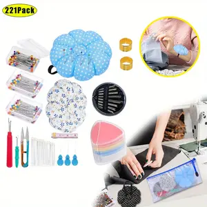 A set of 221 Sewing Tool Set Including Pin Cushion,Ball Head Pins, Self Threading Needle Gourd Shaped Needle Threaders, Seam Ripper, Scissors,Thimble and Soft Tape Measure