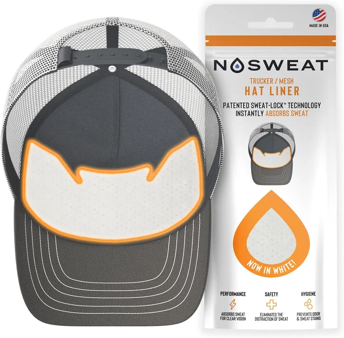 NoSweat Trucker Hat Sweat Liners - Mesh Hat White Patented Sweat Absorbing Liners Made in The USA - 6 pack