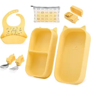 Baby Suction Plates for Toddlers, 6Pcs Travel Silicone Feeding Set for Toddlers/Kids, Foldable, Non-Slip Dishwasher Safe Plates & Utensils, BPA Free maximum load ideal christmas gift Push-Press Foam Bottle Brush Kit unbreakable tableware toddler  utensils