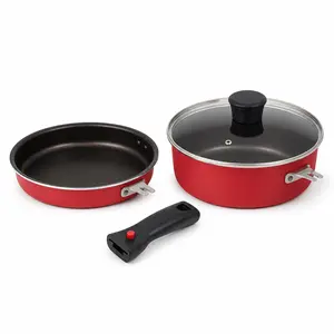 Red Nonstick Pan Set with Detachable Handle – Compact Cookware Set for One Person, Portable Camping & Outdoor Cooking Pots and Pans – Lightweight, Easy to Clean