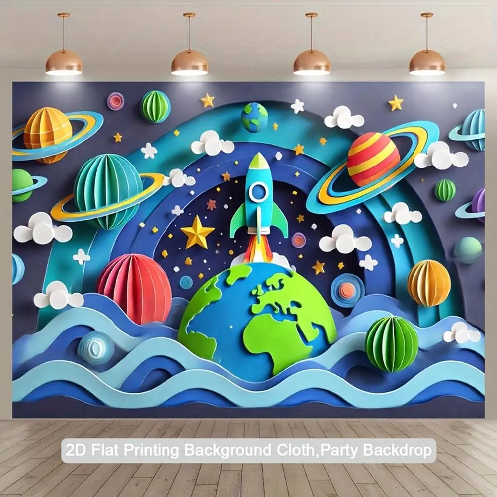 1pc Soft Polyester Patterned Backdrop Cloth with 2D Flat Space-Themed Printing, Vibrant Rocket Launch, Planets, Stars & Clouds, Unique Party Decor for Photography