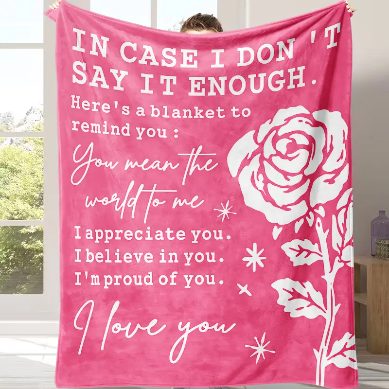 Pink Rose Print Sentimental Flannel Fleece Blanket - "I Love You" "You Mean The World To Me" Inspirational Quote, Soft Warm Cozy, Romantic Gifts For Her, Thoughtful Keepsake For Birthday, Sofa Bed Use