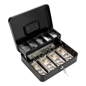Cash Box with Money Tray and Lock, Money Box for Cash Register, Large Cash Lock Box for Money Safe Includes 5 Slots Coin Tray with Cover, 4 Bill Slots,.8" x 9.4" x 3.54" Black