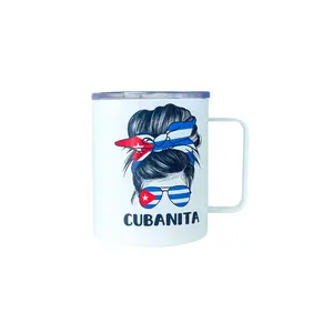 Cubanita Brand Ceramic Tumbler 12 oz Double Wall Insulated Reusable Coffee Mug with Ergonomic Handle & Cuban Flag Design