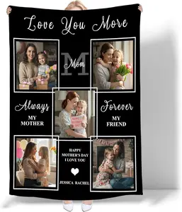 Custom Blanket with Picture Text, Personalized Fleece Blanket Thows with Photos, Customize Photo Flannel Blanket for Adult  Birthday (5 Photos)