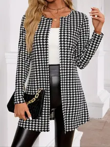 Women's Houndstooth Print Long Sleeve Open Front Jacket, Casual Elegant Outerwear for Spring & Fall, Ladies Clothes for Daily Wear, Womenswear