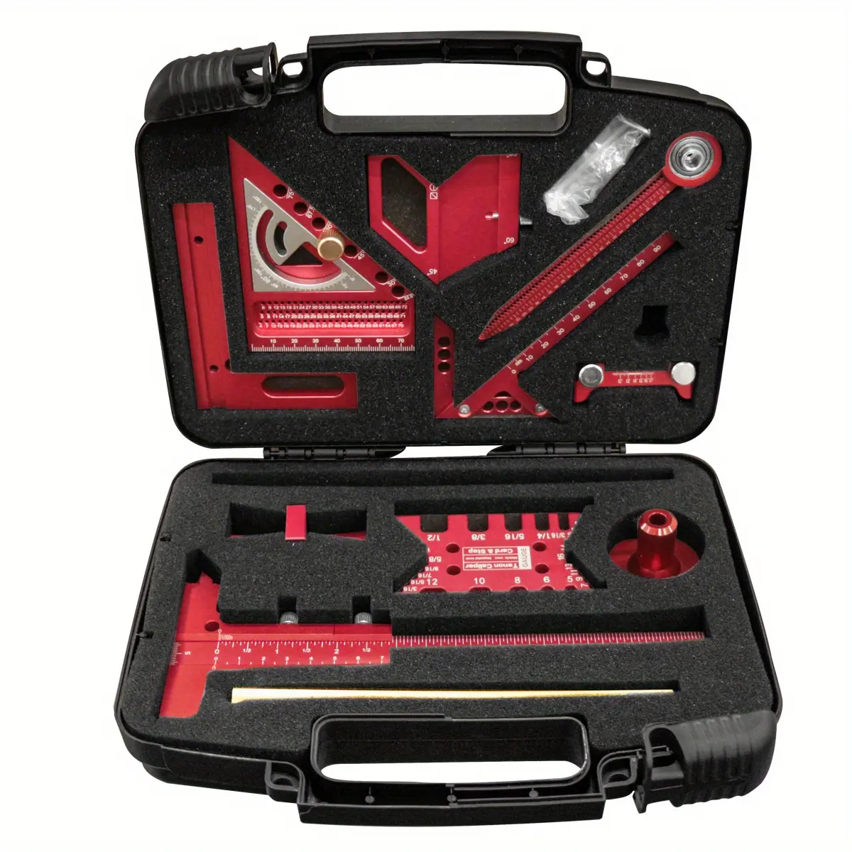 10 Piece Woodworking Measuring Tool Set with Storage Box, Measuring Instrument, Multi Angle Combination Triangle Ruler, Fixed Angle Sharpening Tool, Dovetail Gauge, European Marking Tool, Caliper and Ruler 2-in-1, Center Marking Tool, Steel Ruler Clip