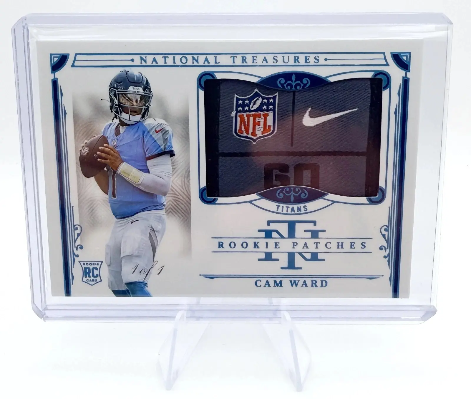 2025 Panini National Treasures Cam Ward Rookie Patch Nike Shield 1/1 Titans RC