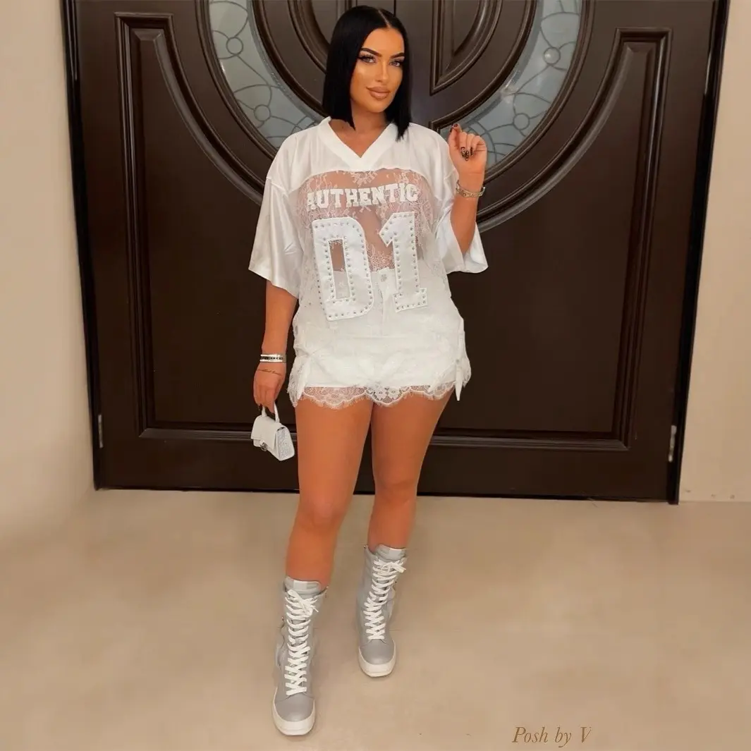 Women's Round Neck T-shirt with Sexy Lace Trim, a Casual Comfy Fashion Top for Summer Streetwear Looks, Tshirt, Casual Style Tee, Lady, Women's Clothes, Sexy Look, All Seasons, Loose-Fitting, Machine Washable, Casual Comfy Fit, Short Sleeve