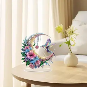 Crystal Moon Hummingbird Diamond Painting Kit - 5D Rhinestone Tabletop Decor, Full Drill DIY Craft for Desk & Shelf
