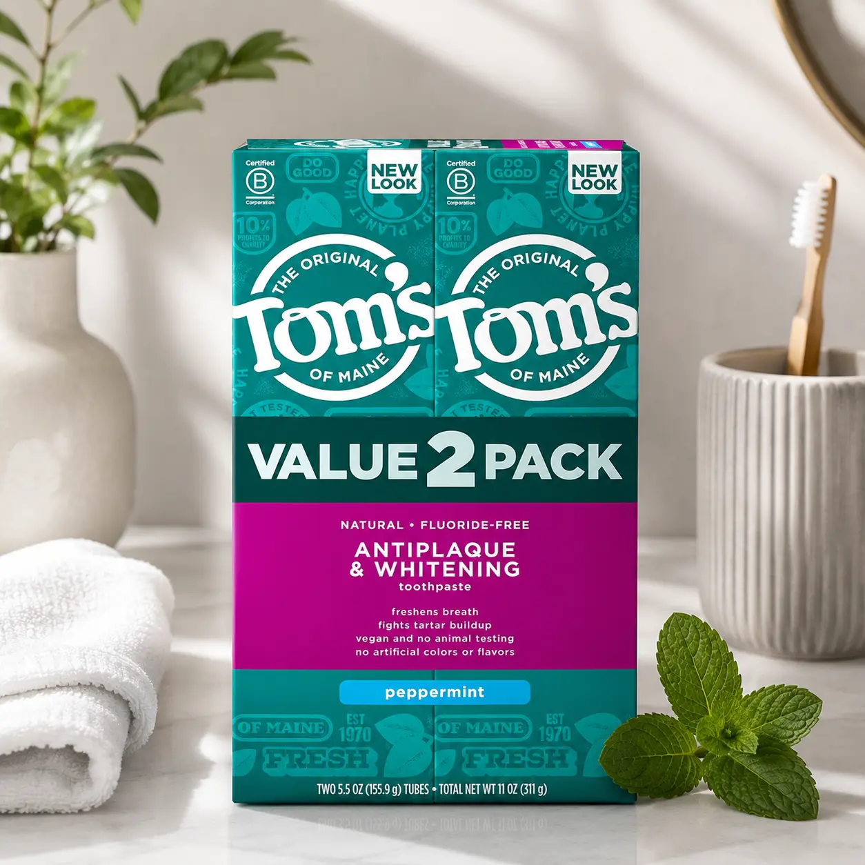 Tom's of Maine Antiplaque & Whitening Oral Toothpaste, Peppermint Flavor, 2-Pack, 5.5 oz - Fluoride-Free, Freshens Breath, Fights Tartar Buildup, Vegan, No Animal Testing, No Artificial Colors/Flavors