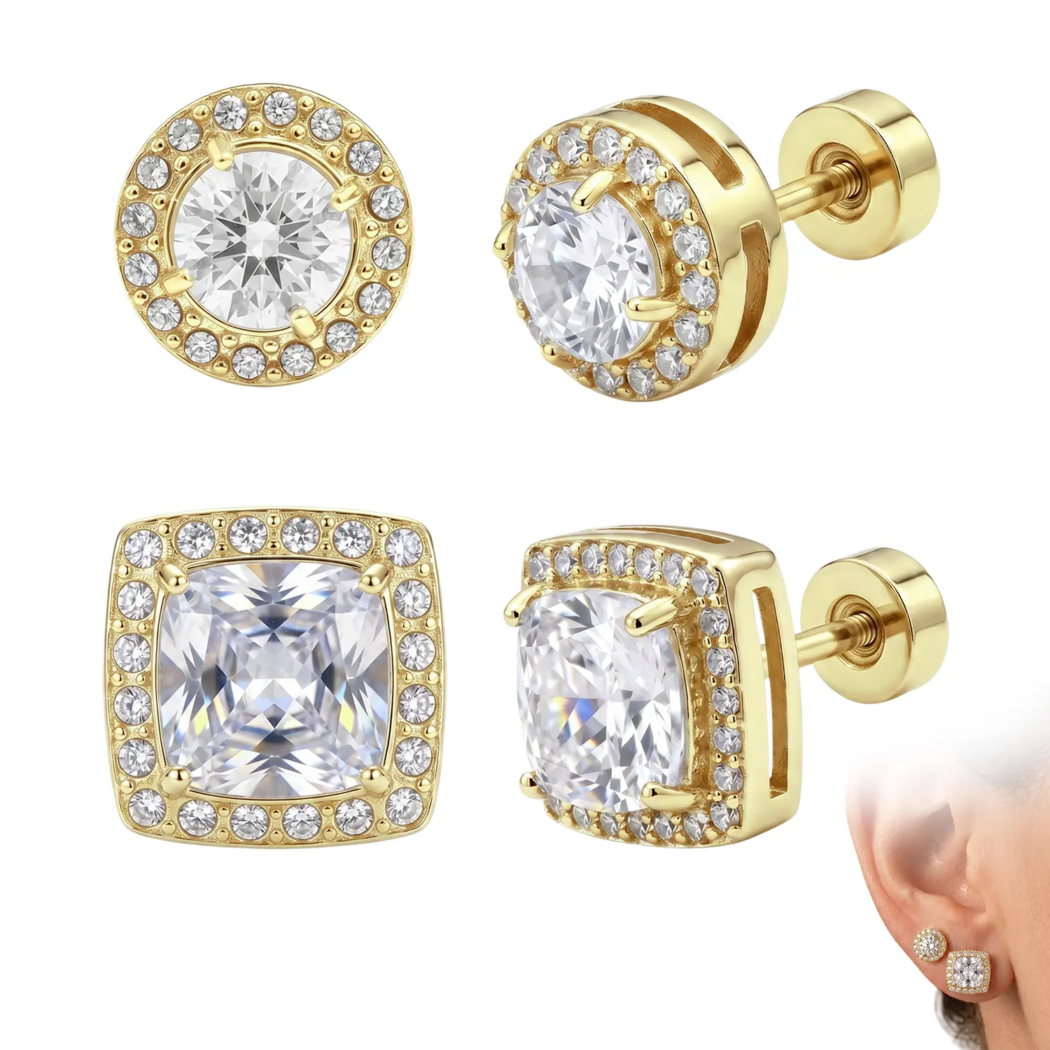 4-Pack Flat Back Stud Earrings, Round & Square Earrings for Men & Women, Large Flatback Stud Jewelry