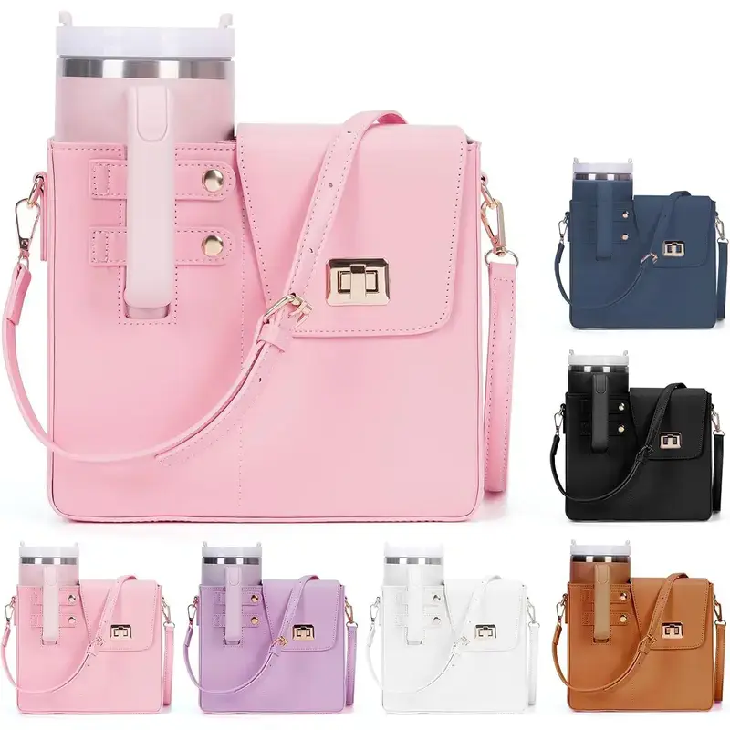 Leather Crossbody Water Bottle Carrier Bag for 30oz-40oz Tumblers, with Phone Pocket, Adjustable Strap, for Travel, Gym & Daily Use Drinkware Accessories