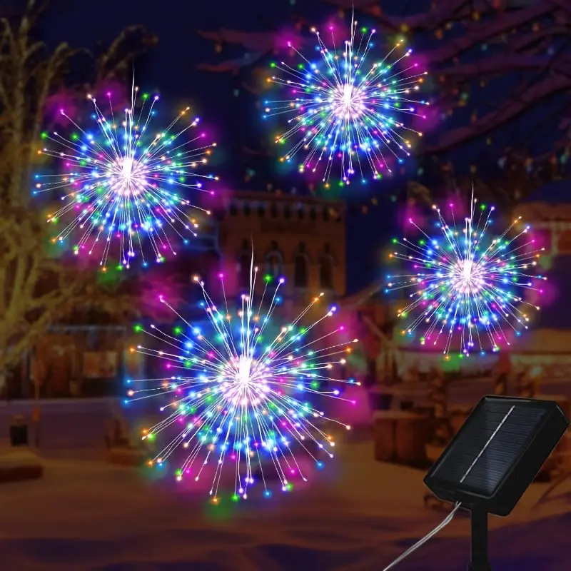 4pcs Solar Powered Indoor and Outdoor Hanging Fireworks Lights, Garden Lights, Solar Decorative Lights, LED Copper Wire Fairy Lights with 8 Lighting Modes, Wall Mount, Induction Control, Dimmable, for Courtyard, Garden Decoration