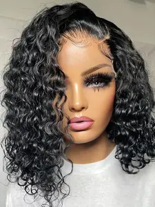 Bob Wig 100% Human Hair Natural Wavy Curly Wigs Deep Curly Wave Real Human Hair Deep Wavy Hair Lace Front Wig Pre Plucked Water Wave 4X4 Hd Lace Closure Wigs For Women Glueless Curly Wig Deep Wave Frontal