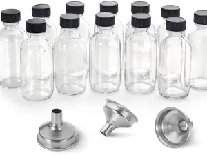 12 Pack - 2 oz Boston Round Glass Bottles with Lids & 3 Funnels (60ml) - For Potions, Tinctures, Travel & DIY