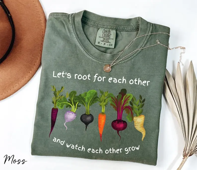 Comfort Colors Let’s Root For Each Other Shirt, Watch Each Other Grow Tee, Vegetable Graphic Shirt, Plant Lover T-Shirt, Gardener Gift, Vegetarian Inspirational Tee