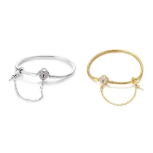 MULA 925 Silver-plated heart lock key bracelet | Symbolizes infinite love | Snake bone chain with pink zircon | Compatible with Pandora beads | Selected gifts for girls