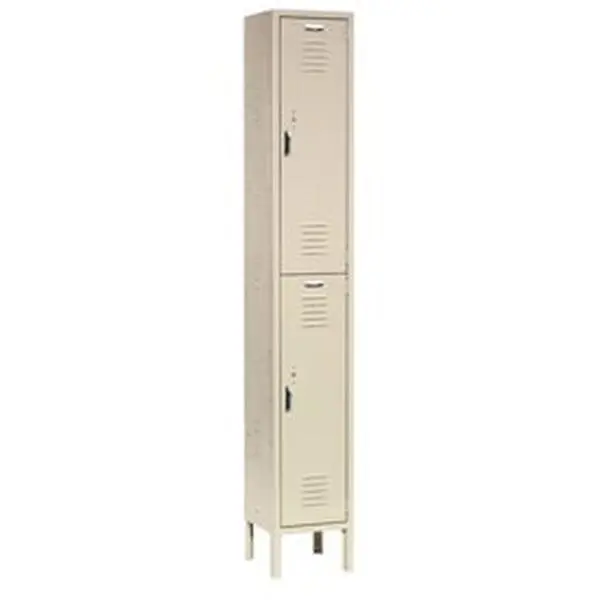 Global Industrial 652078TN Sturdy Steel 12"x18"x36" Powder Coated Double-Tier 2-Door Paramount Room Locker with Legs, Double and Single-Prong Coat Hooks, Security Hinges, Tan, Assembly Required