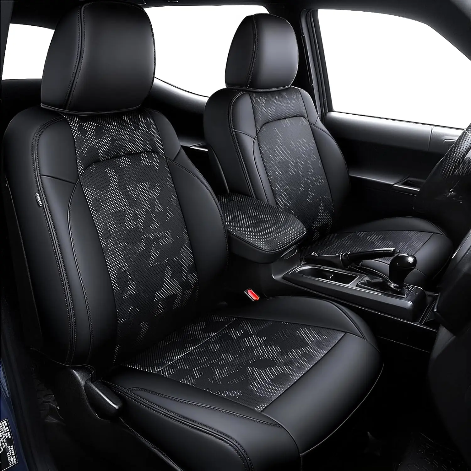 Leather Seat Covers Custom Fit for Tacoma Gen 3rd Double & Crew Cab (2016-2023) - Fully Covered - Fit Like a Glove - Center Console Armrest Covers Included - CamoBlack-Black Stitching -Camouflage Car Interior Kit sohochic