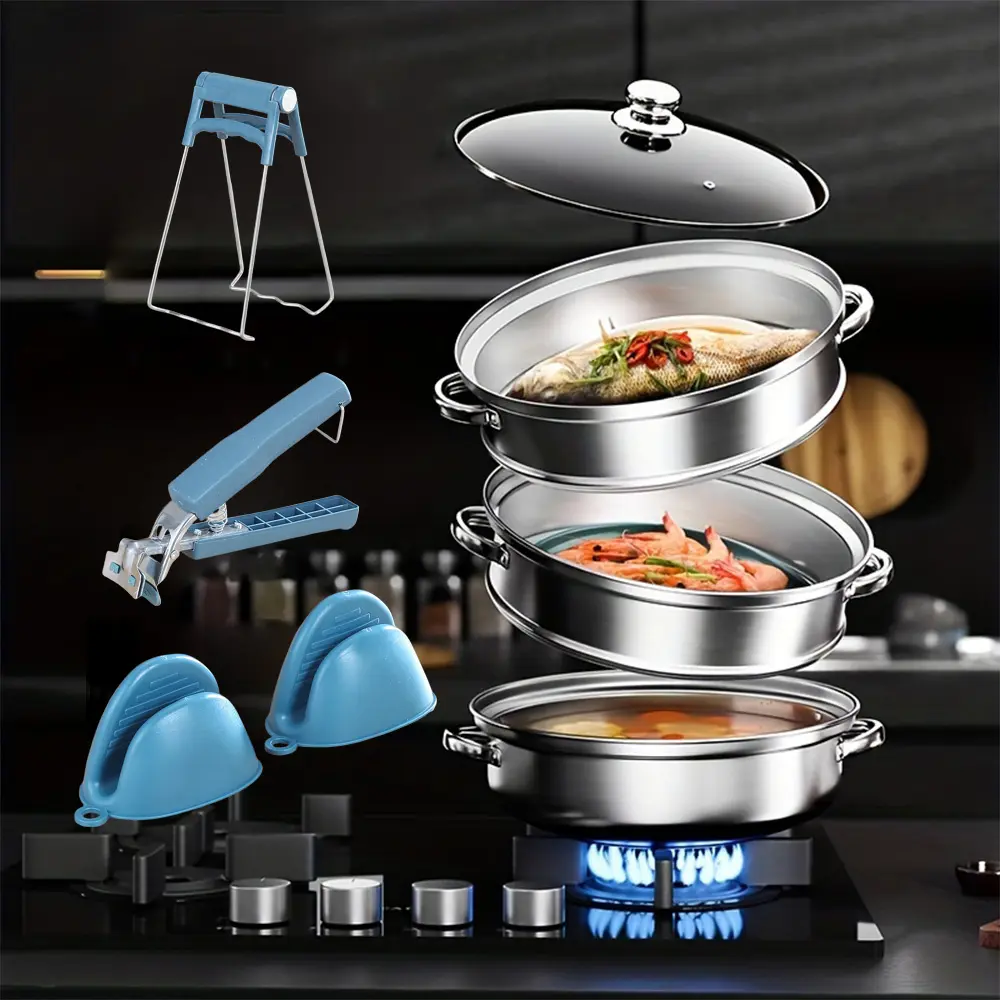 5pcs Multi-Layer Steamer Pot Set, Stainless Steel Dual Layer Steamer Basket and Soup Pot, Durable Easy Clean Cookware Kitchen Utensils