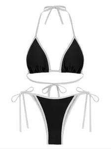 Women's Contrast Binding Triangle Bikini Set, Casual Fashion Tie Back Bikinis Swimsuit Set for Beach Holiday Vacation, Ladies Swimwear for All Seasons, Colorblock Bikini Set